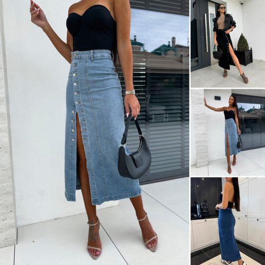 💕Nur für kurze Zeit 49 % Rabatt💕 Stilvoller, figurbetonter Jeansrock mit Knopfverschluss und Schlitz
