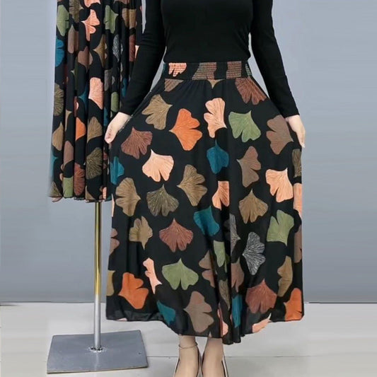 Modischer Damenrock mit hoher Taille und Blumenmuster, langer Faltenrock