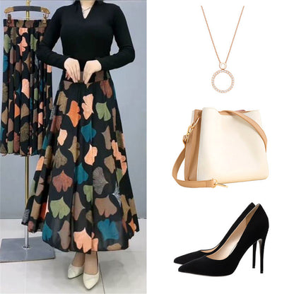Modischer Damenrock mit hoher Taille und Blumenmuster, langer Faltenrock