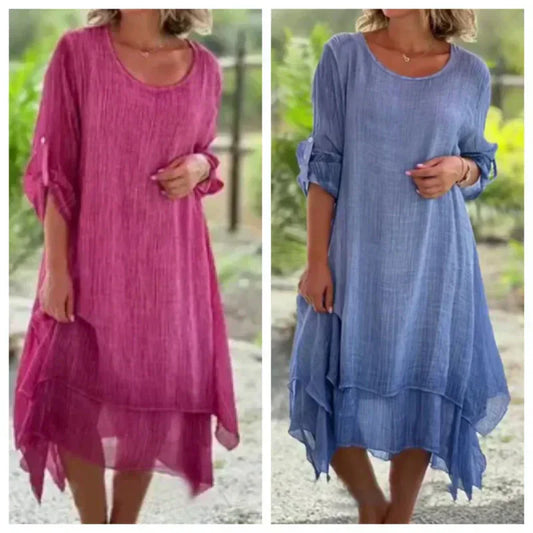 💕Elegantes, einfarbiges, lockeres Damenkleid mit Rundhalsausschnitt