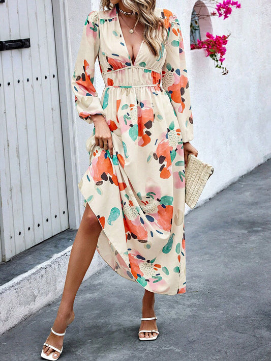 💃HEISSER VERKAUF 49% RABATT🎁LUNE Kleid mit zufälligem Druck, tiefem V-Ausschnitt, Laternenärmeln und geraffter Taille