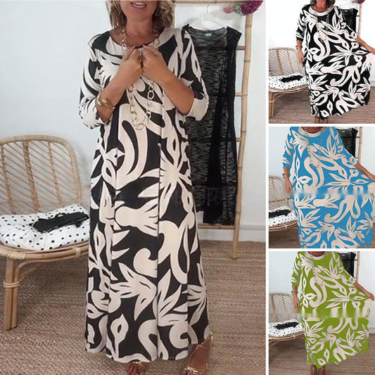 💖Elegantes, lockeres Damenkleid mit Rundhalsausschnitt und Aufdruck