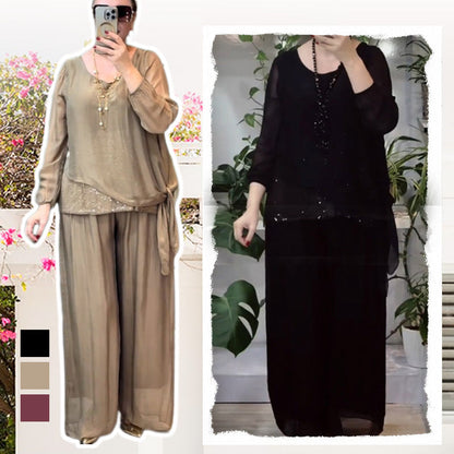 2-teiliges Set aus Paillettenbluse und weit geschnittener Hose für Damen