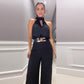 Set aus bauchfreiem Top mit Stehkragen und Hose mit weitem Bein