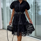Damen Retro Kurzarmkleid mit ausgehöhlter Spitze