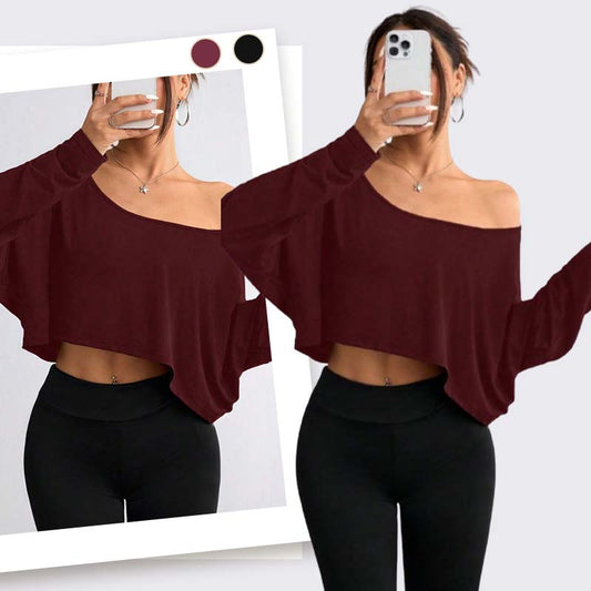 Langärmliges, übergroßes, lockeres, schulterfreies Crop-Top für Damen