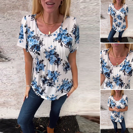 Lockere Bluse mit Rundhalsausschnitt und kurzen Ärmeln für Damen mit Blumenmuster