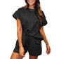 🌸Frühlingsangebote💐Damen-Set mit einfarbig strukturiertem, lässigem Kurzarm-Oberteil und Shorts mit Kordelzug