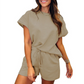 🌸Frühlingsangebote💐Damen-Set mit einfarbig strukturiertem, lässigem Kurzarm-Oberteil und Shorts mit Kordelzug