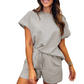 🌸Frühlingsangebote💐Damen-Set mit einfarbig strukturiertem, lässigem Kurzarm-Oberteil und Shorts mit Kordelzug