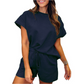 🌸Frühlingsangebote💐Damen-Set mit einfarbig strukturiertem, lässigem Kurzarm-Oberteil und Shorts mit Kordelzug