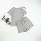 🌸Frühlingsangebote💐Damen-Set mit einfarbig strukturiertem, lässigem Kurzarm-Oberteil und Shorts mit Kordelzug