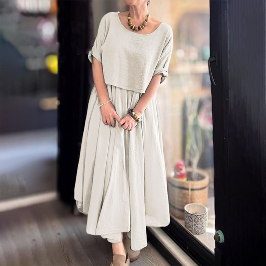 💐✨Bequemes und elegantes Damen-Zweiteilerset aus Baumwolle und Leinen mit Rundhalsbluse und Rock