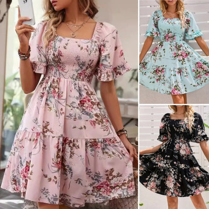 🎀Elegantes, gesmoktes Kleid mit quadratischem Ausschnitt und Blumendruck für Damen