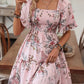 🎀Elegantes, gesmoktes Kleid mit quadratischem Ausschnitt und Blumendruck für Damen
