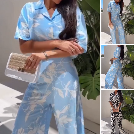 Lässiges Damen-Set mit bedrucktem Kurzarmhemd und weitem Bein und Hose