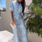 Lässiges Damen-Set mit bedrucktem Kurzarmhemd und weitem Bein und Hose