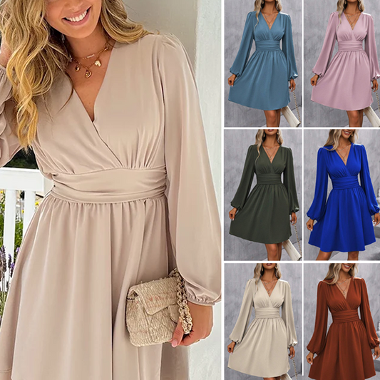 Modisches Wickelkleid für Damen mit V-Ausschnitt, Empire-Taille und Laternenärmeln