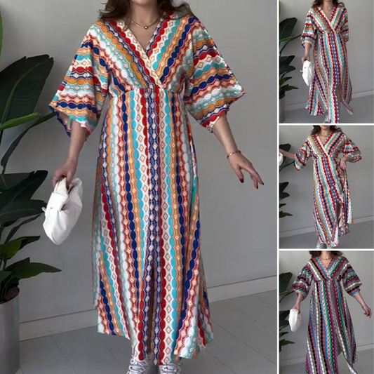 Bedrucktes Maxikleid mit Farbblock und V-Ausschnitt für Damen