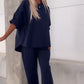Lässiges, einfarbiges, kurzärmliges Oberteil und Hose, zweiteiliges Set für Damen