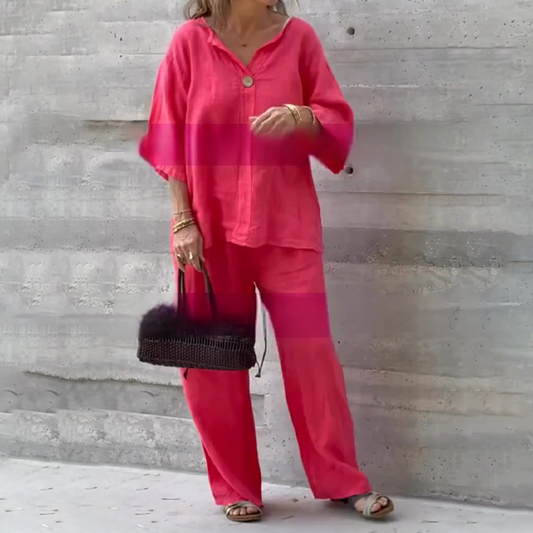 🎁🔥Zweiteiler in lockerer Passform: Bluse mit 3/4-Ärmeln & Hose mit weitem Bein