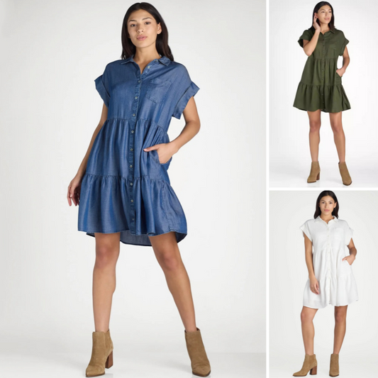 👗Damenkleid mit Revers und kurzen Ärmeln, plissiert, Button-Down