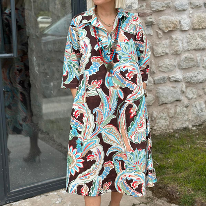 🌸Neuheiten für Frühling/Sommer ✨Farbenfrohes Retro-Blumenkleid mit Taschen und 3/4-Ärmeln