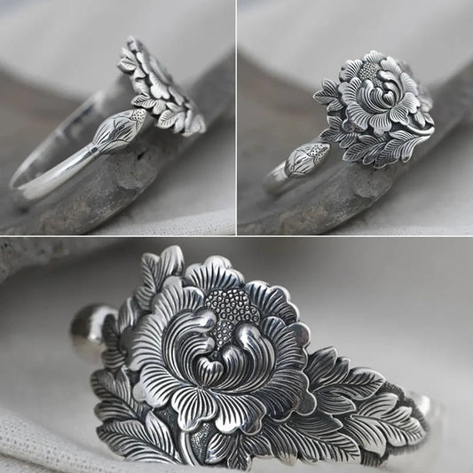 🌺Vintage Silber 3D Pfingstrosenarmband