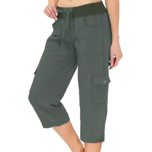 Einfarbige 3/4-Cargohose mit hoher Taille und Kordelzug für Damen
