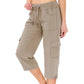 Einfarbige 3/4-Cargohose mit hoher Taille und Kordelzug für Damen