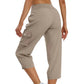 Einfarbige 3/4-Cargohose mit hoher Taille und Kordelzug für Damen