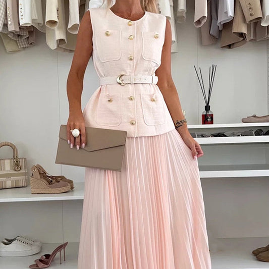 Elegantes Button-Down-Set aus ärmellosen Oberteilen und Faltenrock für Damen