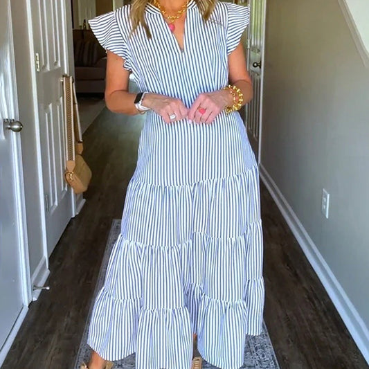 🎀Damen-Midikleid mit gestreiften Stufen und Rüschen💃