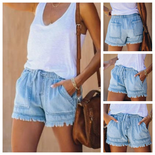 🍃 Distressed-Jeansshorts mit hoher Taille und Kordelzug