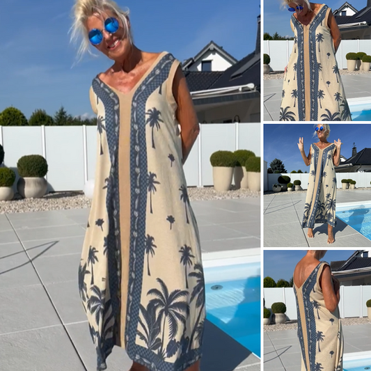 Lässiges, ärmelloses Damenkleid mit V-Ausschnitt und Print