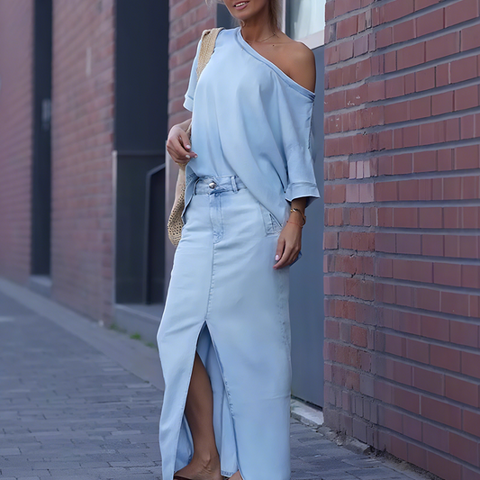 Damen diagonales Schultertop mit gespaltenem Denim-Maxirock