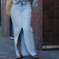 Damen diagonales Schultertop mit gespaltenem Denim-Maxirock