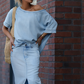 Damen diagonales Schultertop mit gespaltenem Denim-Maxirock
