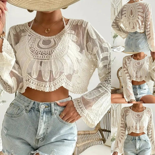 🌺Halbtransparenter Überwurf für Damen mit floraler Stickerei🌊Süßer Langarm-Rundhalsausschnitt | Perfekt für Strandurlaube und Outdoor-Spaß! ☀️