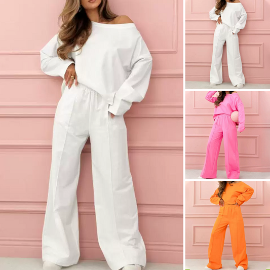 Modisches und minimalistisches 2-teiliges Set aus Oberteil mit Rundhalsausschnitt und Hose mit weitem Bein