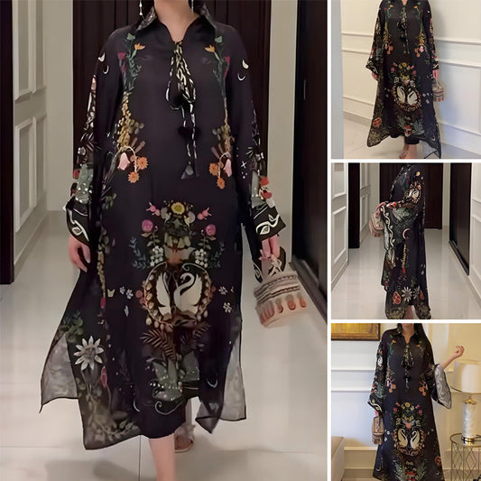 🔥Lockeres, langärmliges, bedrucktes Maxikleid für Damen mit V-Ausschnitt