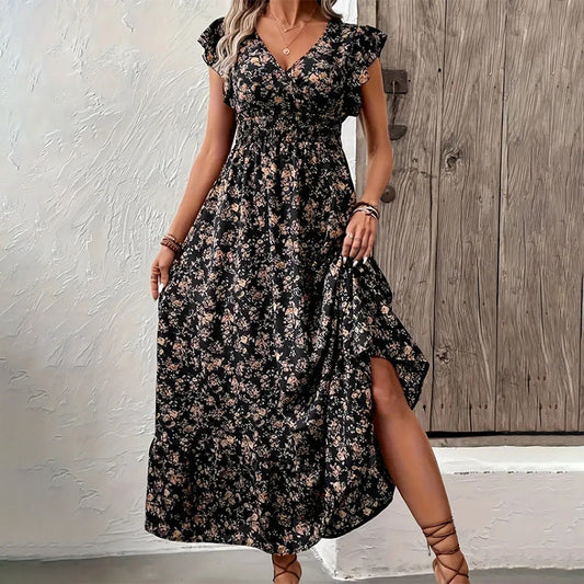 💃Zeitlich begrenztes Angebot 2026 – 50% Rabatt☀️ Fließendes Maxikleid mit V-Ausschnitt und Blumenmuster