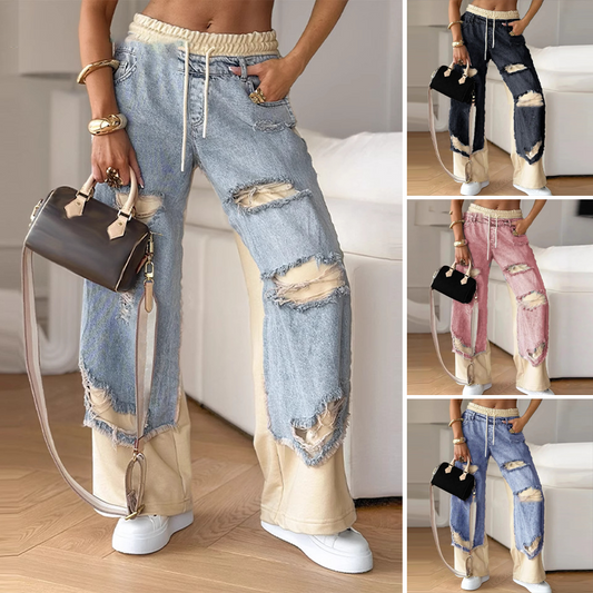 Patchwork-Denim-Elastic-Kordelzug-Hose mit weitem Bein