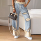 Patchwork-Denim-Elastic-Kordelzug-Hose mit weitem Bein
