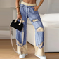 Patchwork-Denim-Elastic-Kordelzug-Hose mit weitem Bein
