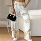 Patchwork-Denim-Elastic-Kordelzug-Hose mit weitem Bein