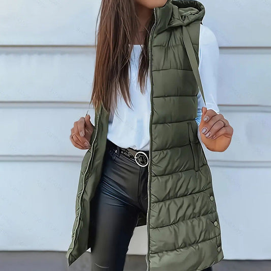 ❄️ Lange Pufferweste für Damen 👗 | Einfarbig | Ärmellos | Mit Kapuze | Winterkleidung 💕