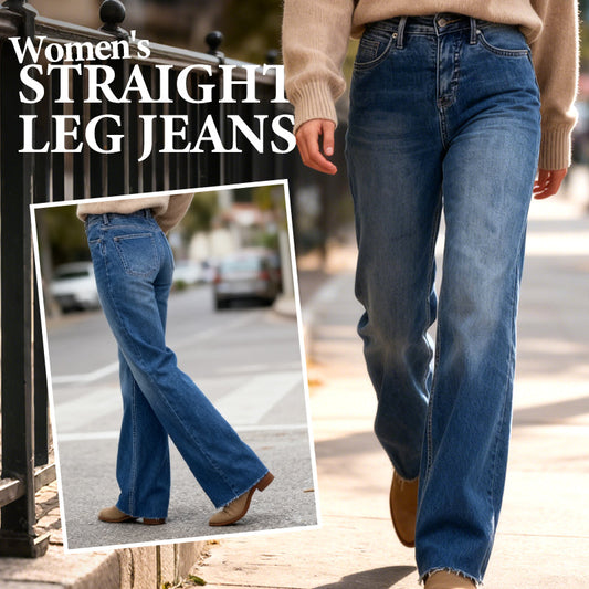 👖✨Damenjeans mit geradem Bein, Taschen und ausgefranstem Saum