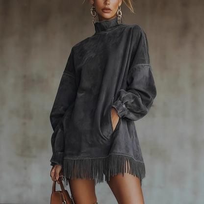 🔥Black Friday-Aktion: 49% Rabatt🔥 Lässiges Rollkragenkleid mit Taschen und Quasten am Saum