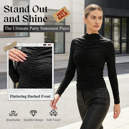 🌸Frühlings-Vorverkauf: Nur 34,99€!!💐 Glitzerndes, gerafftes Langarmshirt mit Stehkragen für Damen